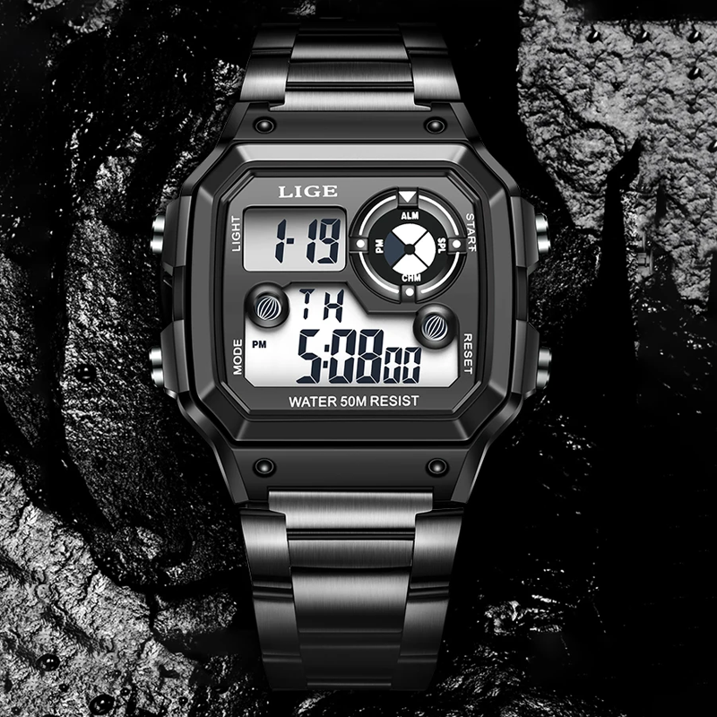 LIGE 8921 Stainless Steel Strap Digital Watch Wristwatches (Black)